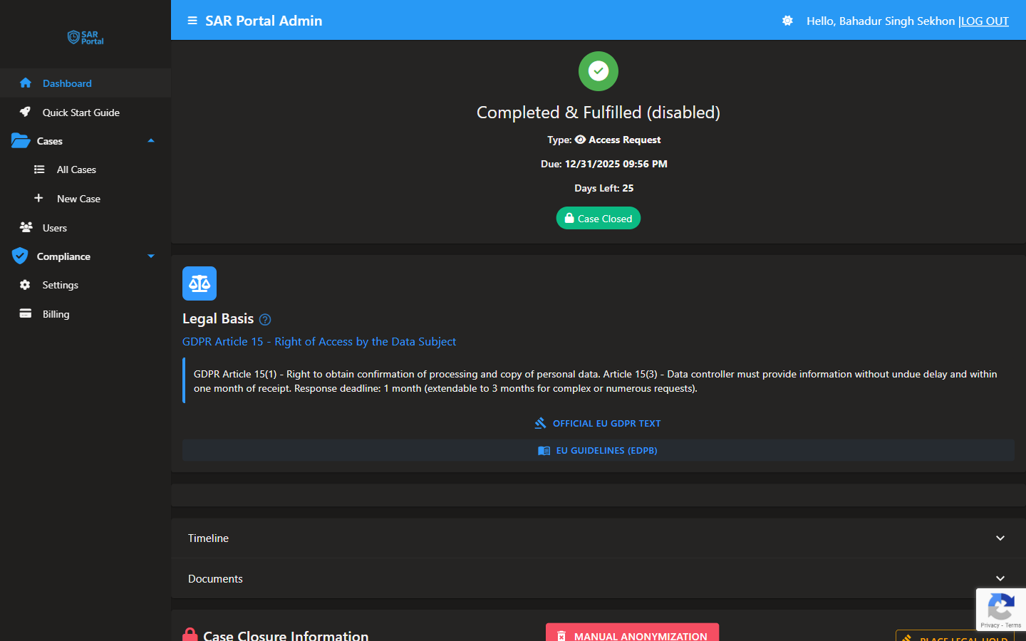 Case Actions and Timeline