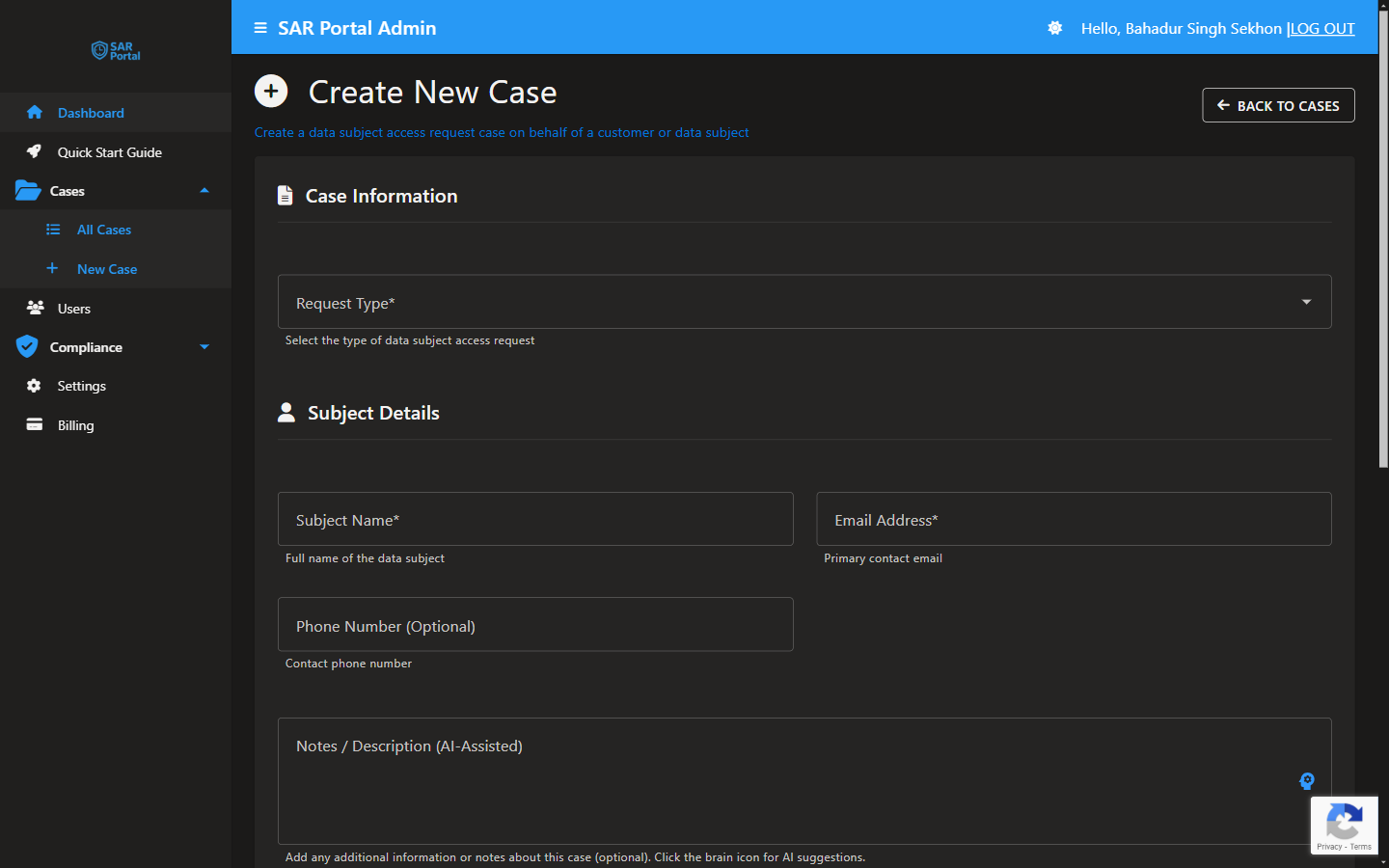 Create New DSAR Case