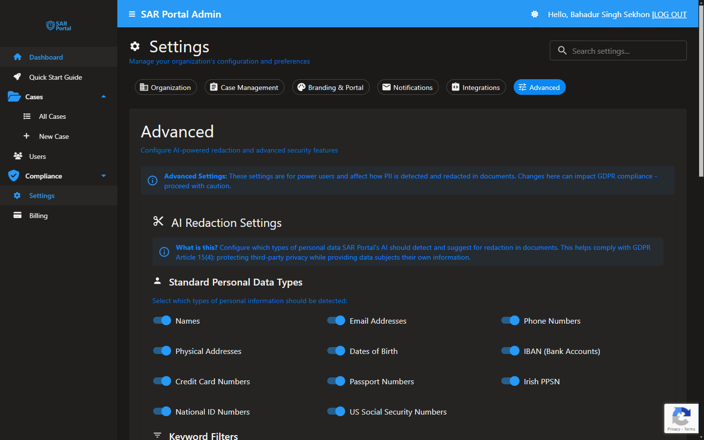 Advanced Settings - AI redaction and security configuration