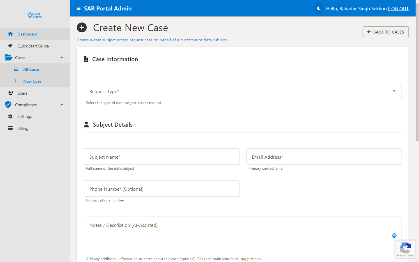Create New DSAR Case