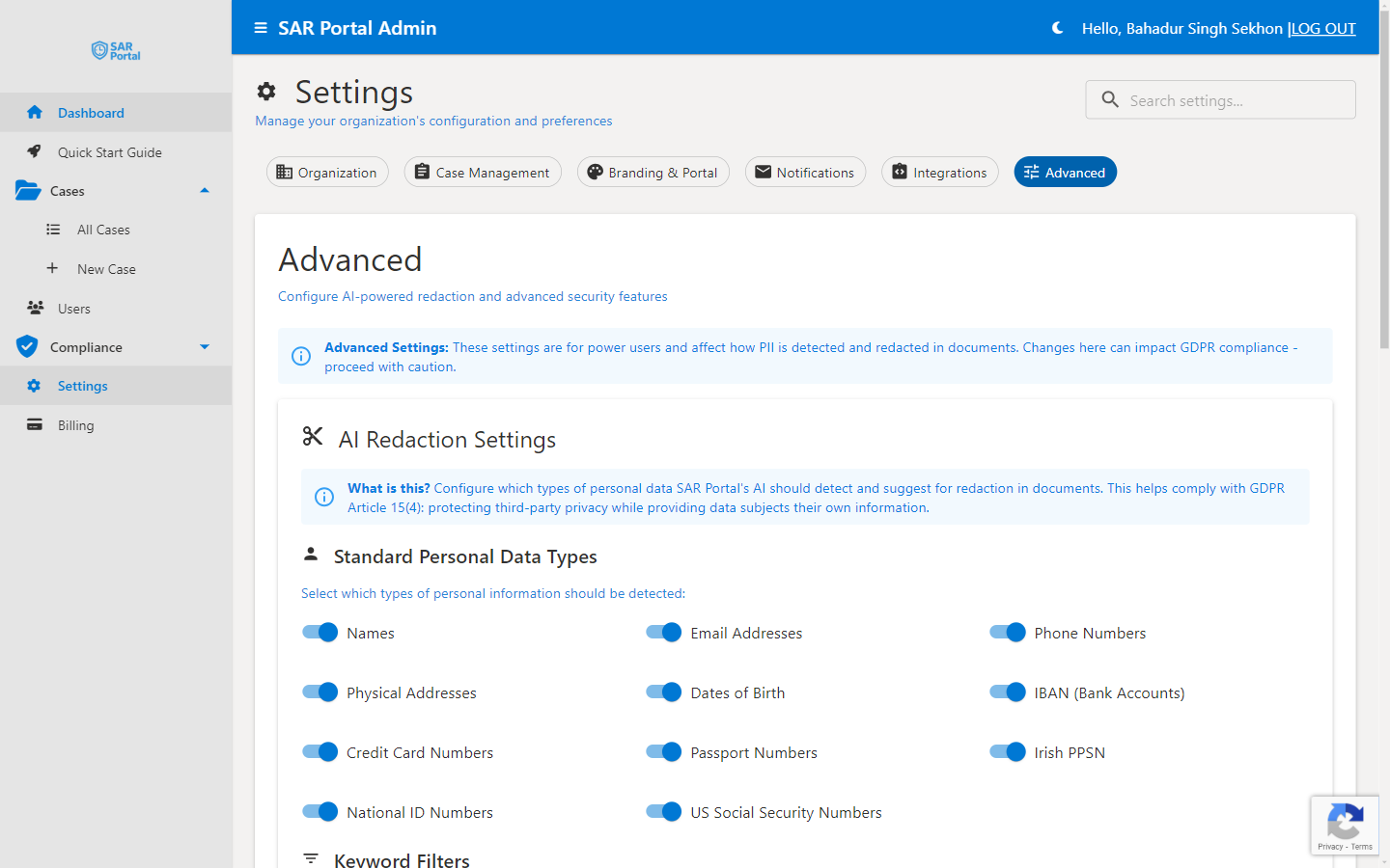 Advanced Settings - AI redaction and security configuration