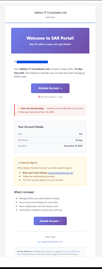 SAR Portal Invitation Email